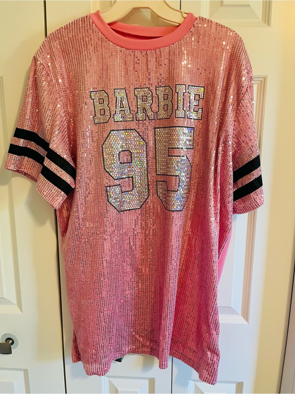 “Barbie” sport jersey/T shirt; CUSTOM MADE; PINK w/ SILVER sequins; XL; oversize